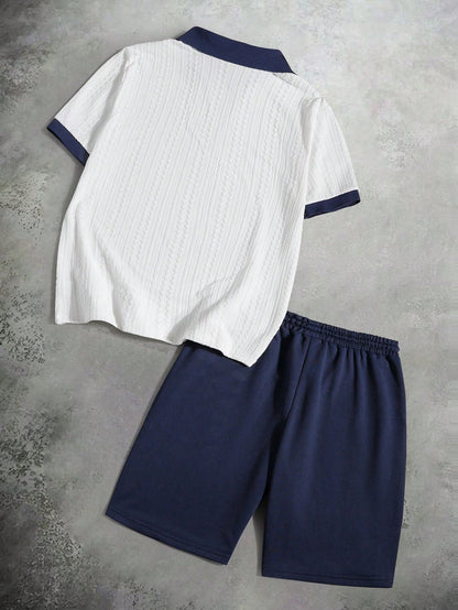 Men'S Contrast Color V-Neck Short Sleeve T-Shirt + Drawstring Elastic Waist Shorts 2Pcs/Set