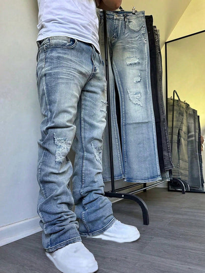 Men'S Denim Jeans Flared Leg Jeans, Slim Fit Distressed Flare Leg Jeans, Y2K Stacked Jeans, Seasonal Wear