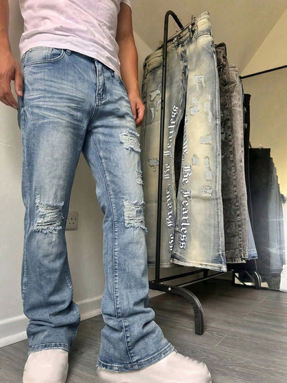 Men'S Denim Jeans Flared Leg Jeans, Slim Fit Distressed Flare Leg Jeans, Y2K Stacked Jeans, Seasonal Wear