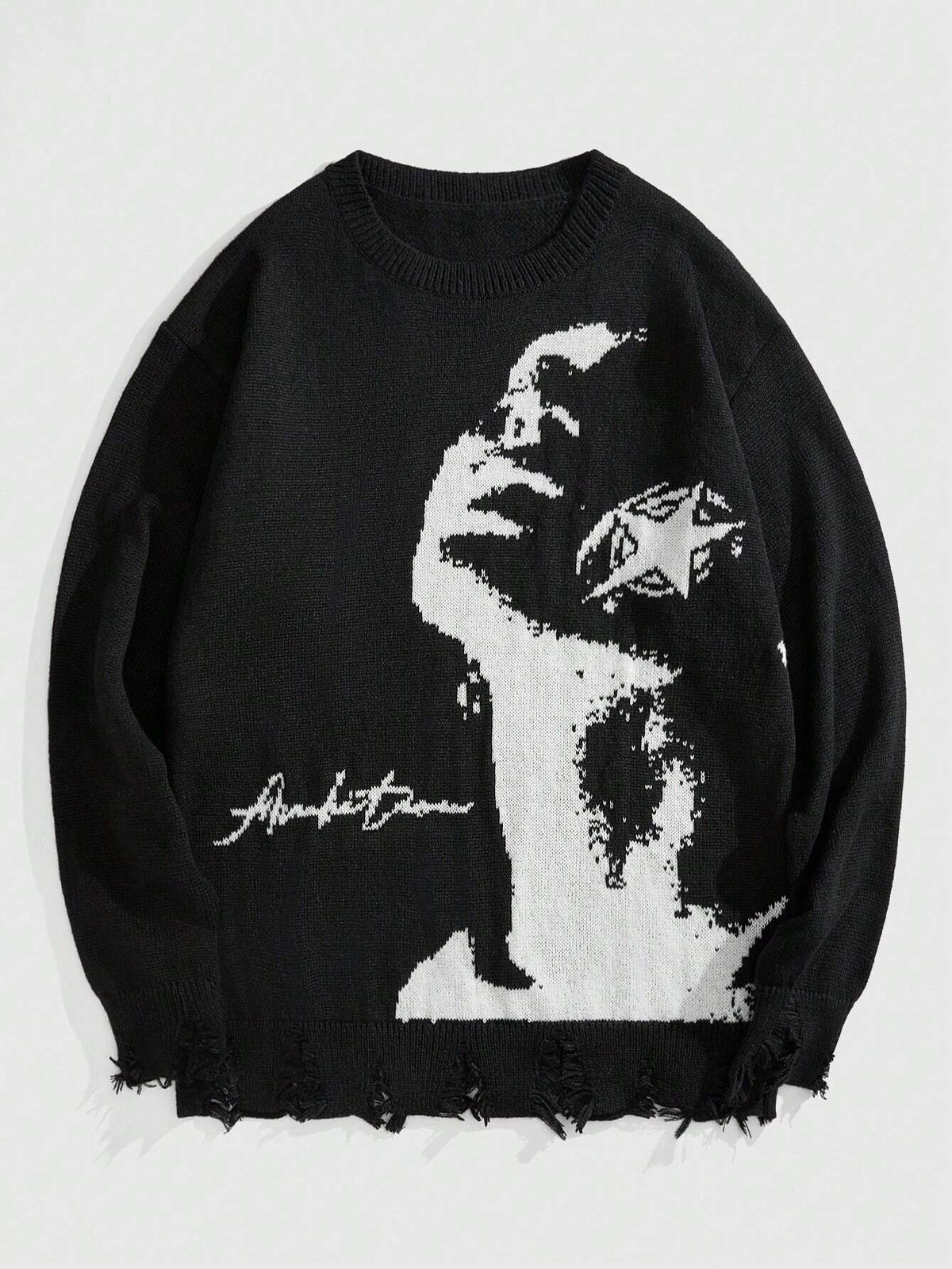ROMWE MEN Grunge Punk Spring Casual Graphic Men'S Portrait Graphic Distressed Crew Neck Pullover Sweater, for Fall Winter