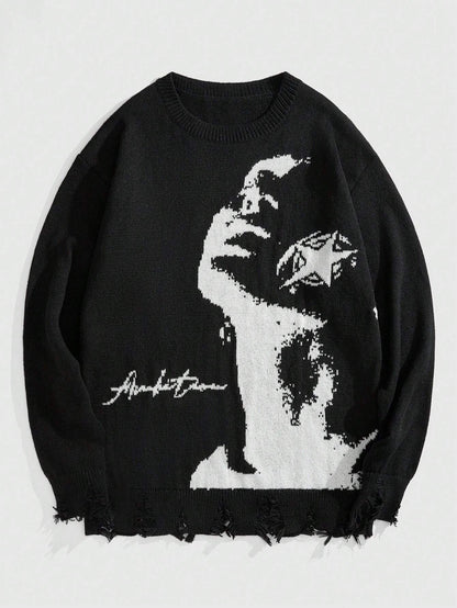 ROMWE MEN Grunge Punk Spring Casual Graphic Men'S Portrait Graphic Distressed Crew Neck Pullover Sweater, for Fall Winter