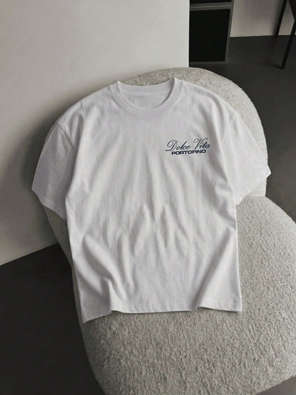 Men'S Summer Luxury Loose Champagne Bottle Portofino Town Print round Neck Short Sleeve T-Shirt, Outdoor Street Casual Youth Minimalist Retro Versatile Sporty Elegant