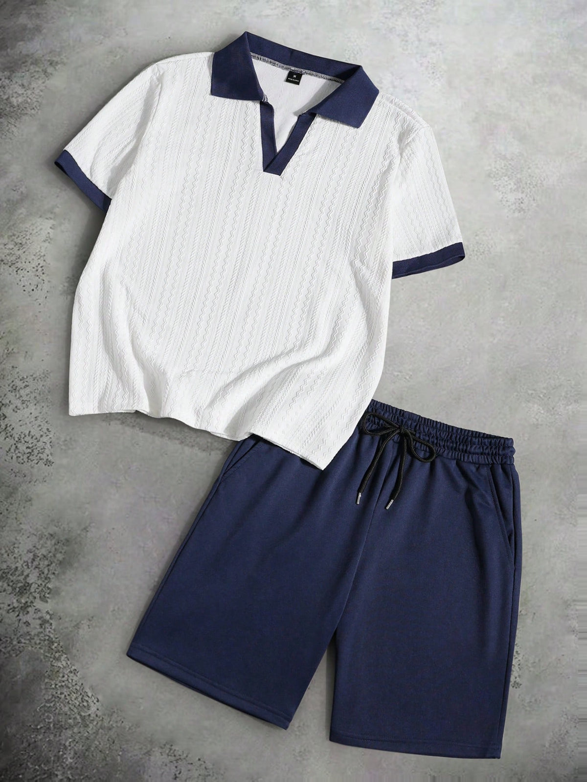 Men'S Contrast Color V-Neck Short Sleeve T-Shirt + Drawstring Elastic Waist Shorts 2Pcs/Set