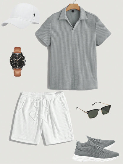 Daypath 2Pcs Men'S Solid Color Short Sleeve T-Shirt and Drawstring Waist Pocket Shorts Set