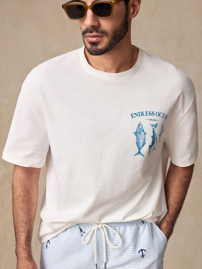 HIMLAND Men'S Casual Fish Graphic Print Loose Drop Shoulder Crew Neck Short Sleeve T-Shirt, White Funny Oversized Beach Tee, Summer Vacation Gifts, Football