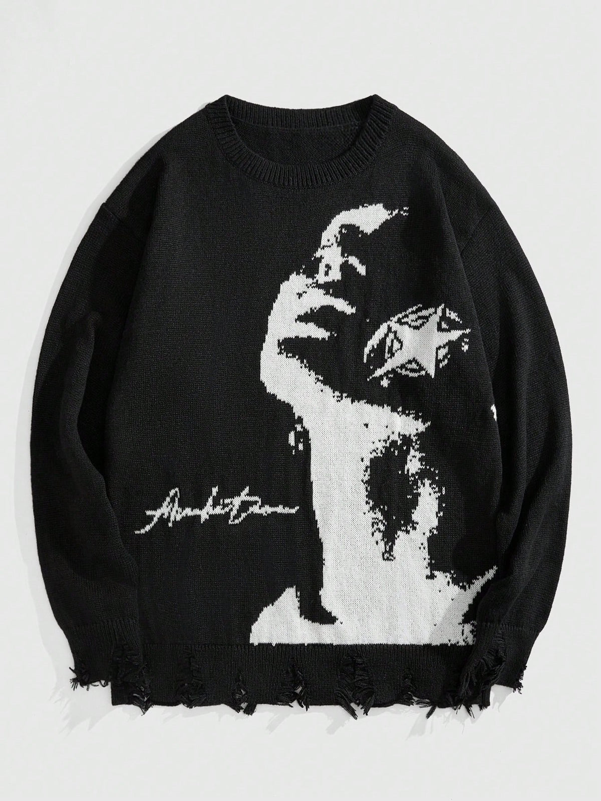 ROMWE MEN Grunge Punk Spring Casual Graphic Men'S Portrait Graphic Distressed Crew Neck Pullover Sweater, for Fall Winter