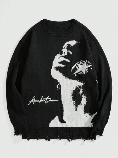 ROMWE MEN Grunge Punk Spring Casual Graphic Men'S Portrait Graphic Distressed Crew Neck Pullover Sweater, for Fall Winter