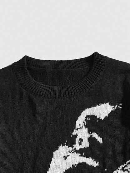 ROMWE MEN Grunge Punk Spring Casual Graphic Men'S Portrait Graphic Distressed Crew Neck Pullover Sweater, for Fall Winter