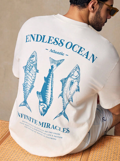 HIMLAND Men'S Casual Fish Graphic Print Loose Drop Shoulder Crew Neck Short Sleeve T-Shirt, White Funny Oversized Beach Tee, Summer Vacation Gifts, Football