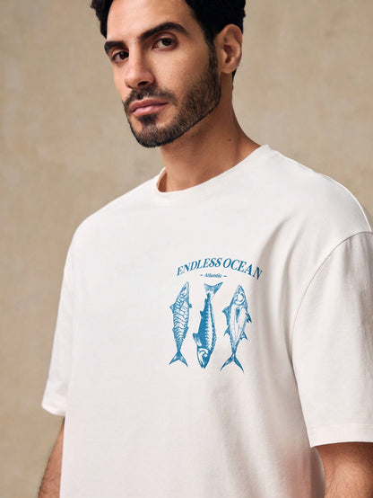 HIMLAND Men'S Casual Fish Graphic Print Loose Drop Shoulder Crew Neck Short Sleeve T-Shirt, White Funny Oversized Beach Tee, Summer Vacation Gifts, Football