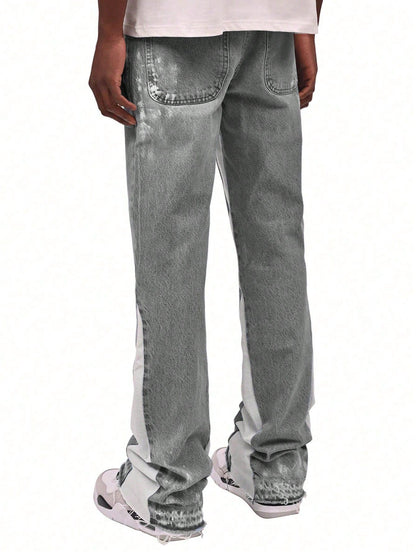 ROMWE MEN Street Life Spring/Summer Casual Men'S Distressed Patchwork Flare Jeans (Random Print)