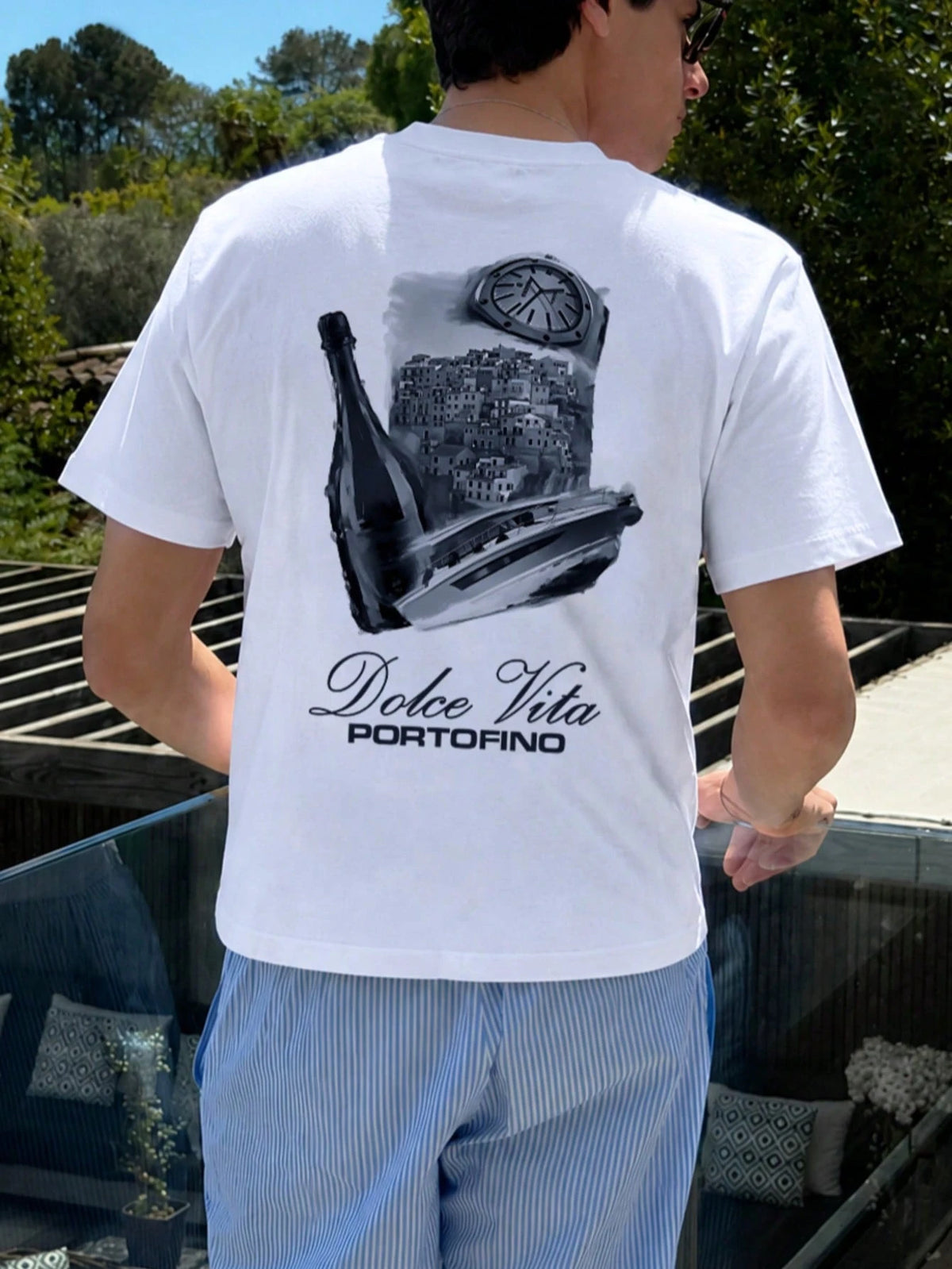 Men'S Summer Luxury Loose Champagne Bottle Portofino Town Print round Neck Short Sleeve T-Shirt, Outdoor Street Casual Youth Minimalist Retro Versatile Sporty Elegant
