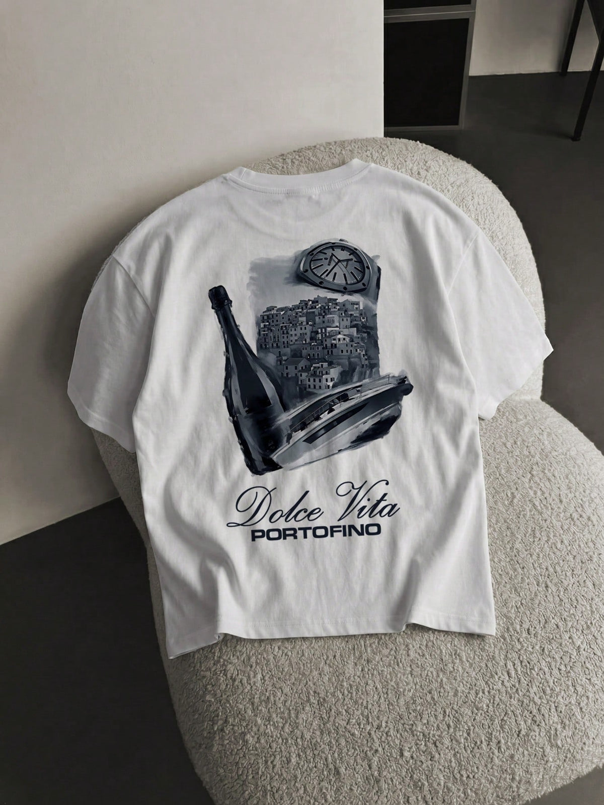 Men'S Summer Luxury Loose Champagne Bottle Portofino Town Print round Neck Short Sleeve T-Shirt, Outdoor Street Casual Youth Minimalist Retro Versatile Sporty Elegant