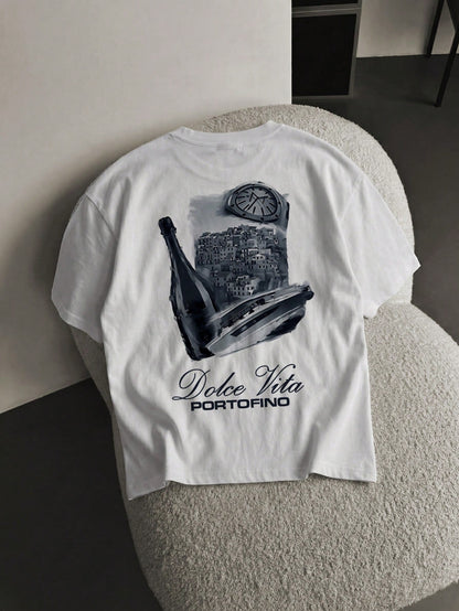 Men'S Summer Luxury Loose Champagne Bottle Portofino Town Print round Neck Short Sleeve T-Shirt, Outdoor Street Casual Youth Minimalist Retro Versatile Sporty Elegant